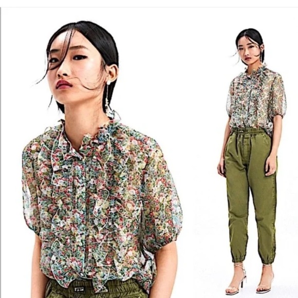 Zara Floral Sheer with floral design Blouse small - Picture 1 of 10